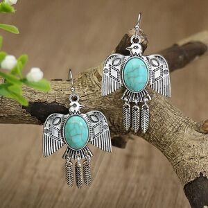 Southwestern Thunderbird Faux Turquoise Long Dangle Earrings Silver Tone